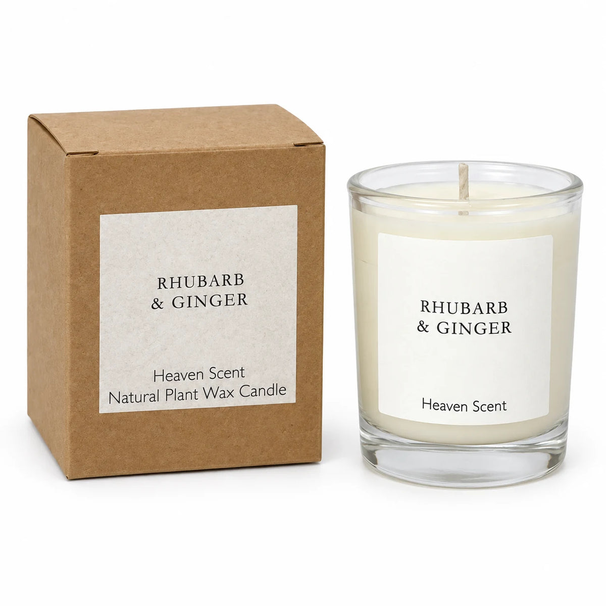 Heaven Scent Rhubarb & Ginger Small Candle, unlit with its brown kraft box against white