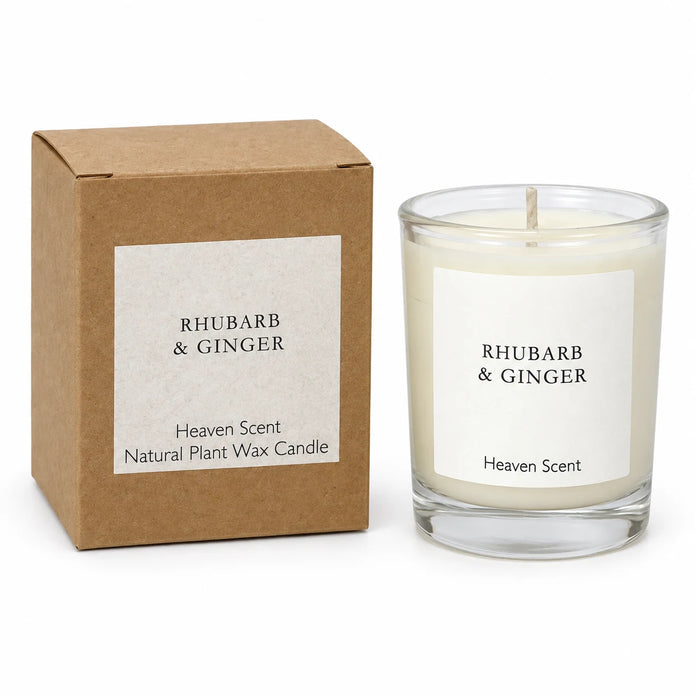 Heaven Scent Rhubarb & Ginger Small Candle, unlit with its brown kraft box against white