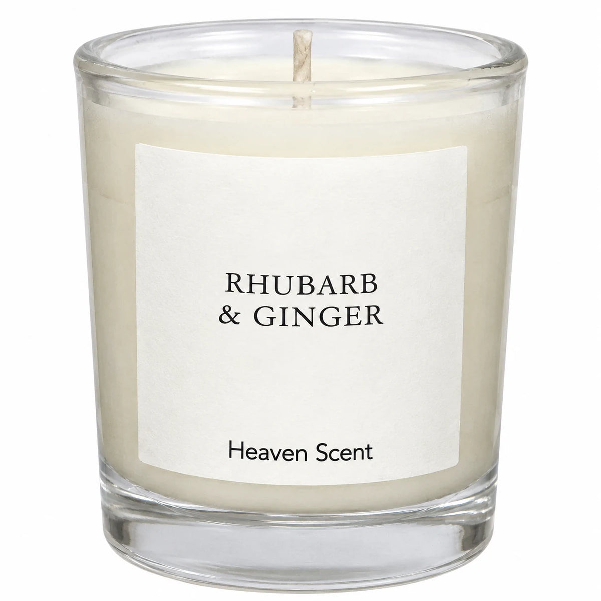 Heaven Scent Rhubarb & Ginger Small Candle, close-up of the fragrance label and clear glass