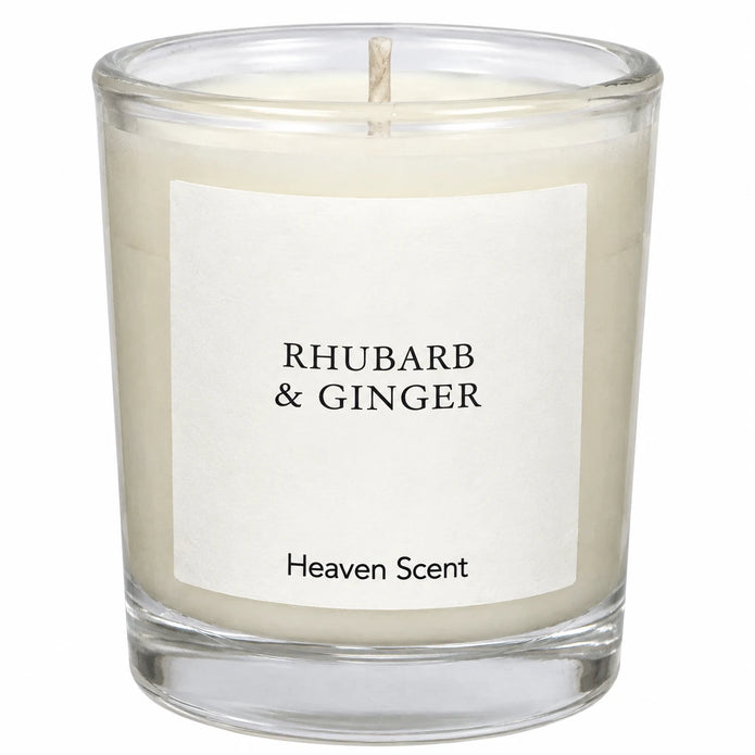 Heaven Scent Rhubarb & Ginger Small Candle, close-up of the fragrance label and clear glass
