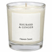Heaven Scent Rhubarb & Ginger Small Candle, close-up of the fragrance label and clear glass