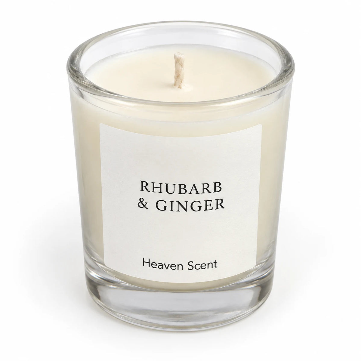 Heaven Scent Rhubarb & Ginger Small Candle, close-up of cream wax and the unlit wick