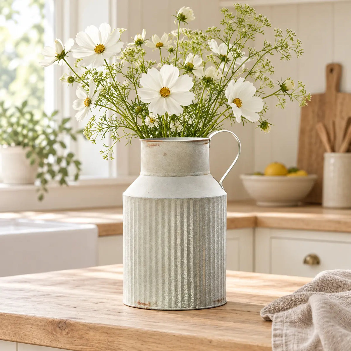 Ribbed metal vase by Satchville with cottage flowers, featuring a textured design for rustic home decor.