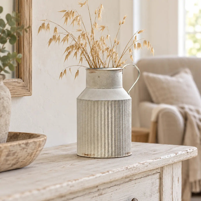 Ribbed metal vase from Satchville with dried stems, featuring a textured ribbed surface and a sleek, metallic finish.