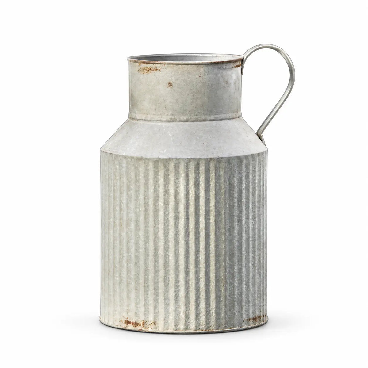 White ribbed metal vase by Satchville, modern design with textured surface, ideal for floral arrangements or decorative displays.