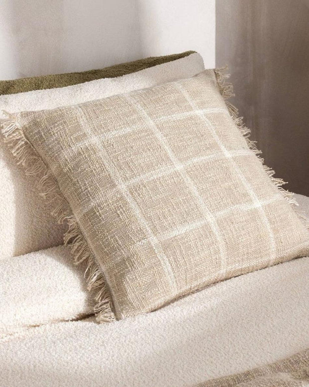 Riva Home Beni Natural Cushion Cover with textured fabric and neutral tones, featuring a stylish, decorative throw pillow design.