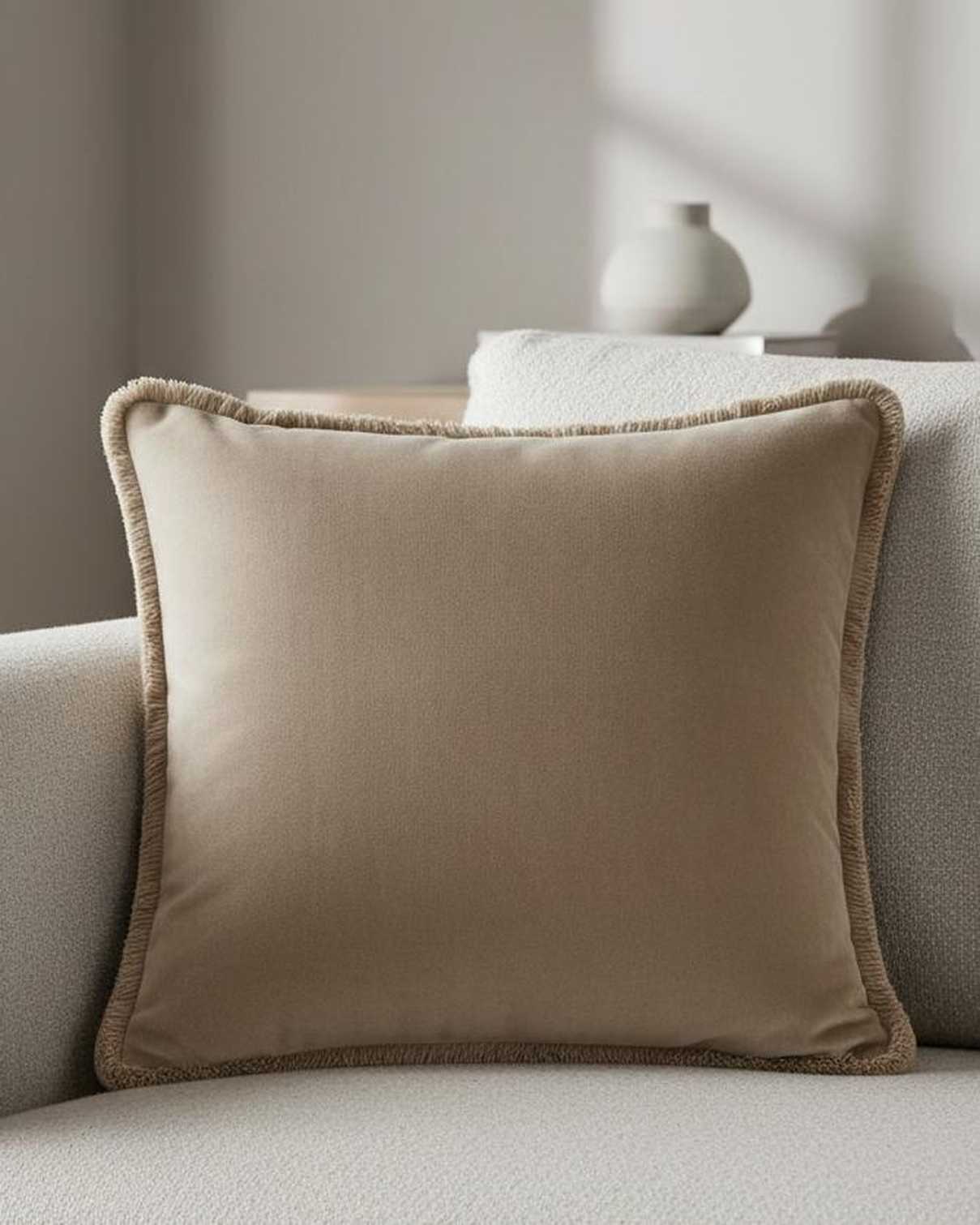 Beige Freya velvet cushion cover by Riva Home featuring soft fabric and elegant design for cozy home decor.