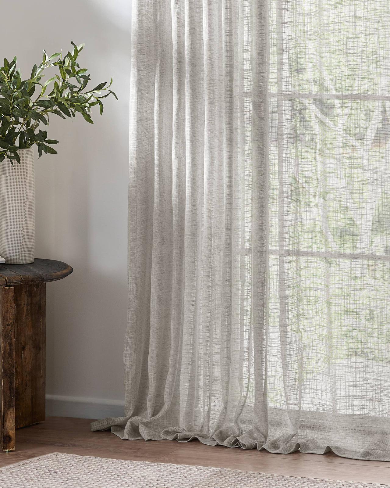 Riva Home Yard Greige woven sheer voile curtain panel with tab top, 140cm wide by 250cm long, soft furnishings for window decor.