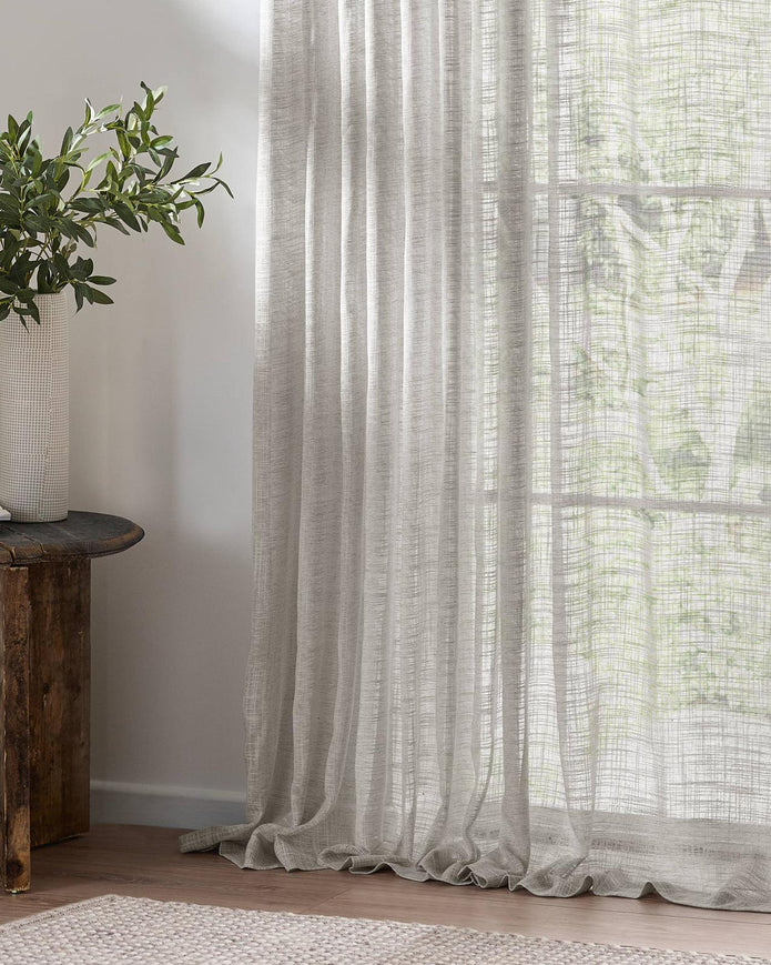 Riva Home Yard Greige woven sheer voile curtain panel with tab top, 140cm wide by 250cm long, soft furnishings for window decor.