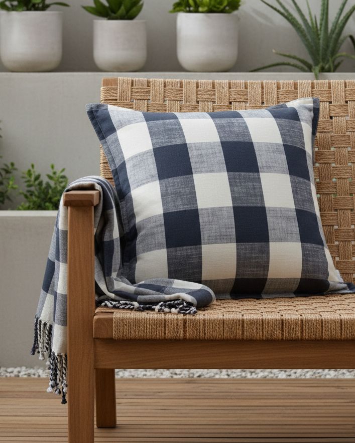 Navy blue check outdoor garden seat scatter cushion cover from Riva Home, soft furnishings for garden and outdoor seating.