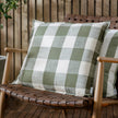 Olive green check outdoor garden seat scatter cushion cover by Riva Home, soft furnishings for outdoor furniture.