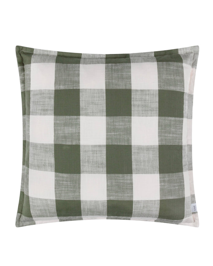 Olive green check outdoor garden seat scatter cushion cover by Riva Home, soft furnishings for outdoor seating.