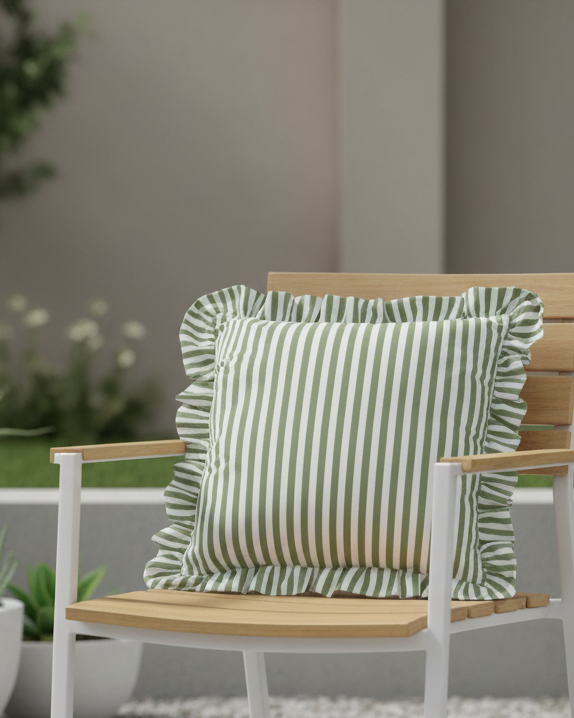 Olive green striped outdoor garden seat scatter cushion cover with frilled edges by Riva Home, soft furnishings for outdoor decor.
