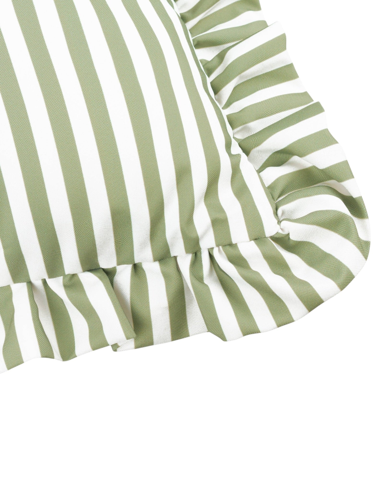 Olive green striped outdoor garden seat scatter cushion cover with frilled edges by Riva Home, soft furnishings for outdoor seating.
