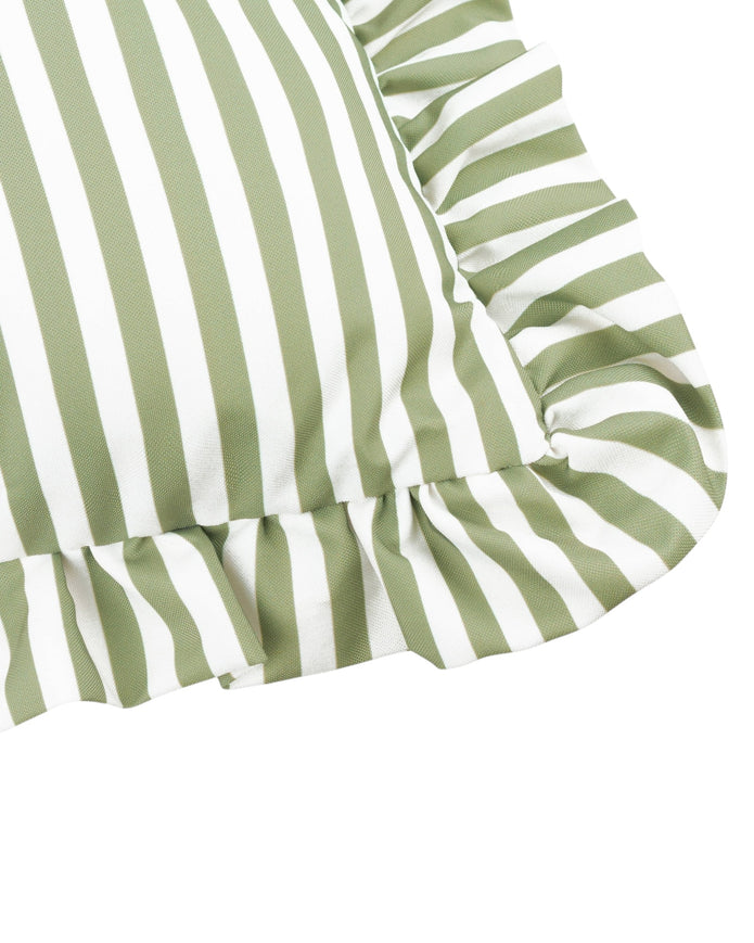 Olive green striped outdoor garden seat scatter cushion cover with frilled edges by Riva Home, soft furnishings for outdoor seating.