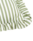 Olive green striped outdoor garden seat scatter cushion cover with frilled edges by Riva Home, soft furnishings for outdoor seating.