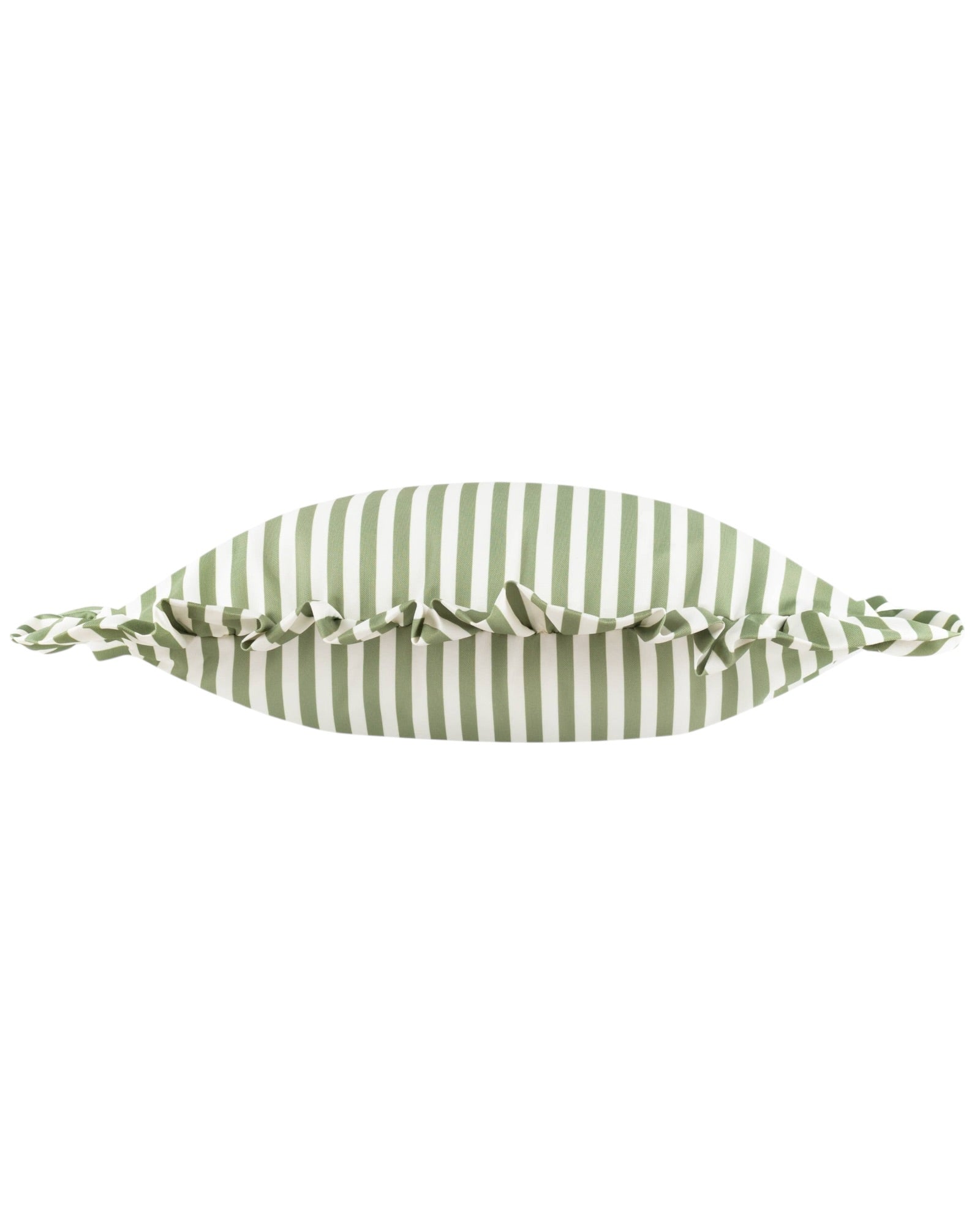 Olive green striped outdoor garden seat cushion cover with frilled edges by Riva Home, soft furnishings for garden seating.