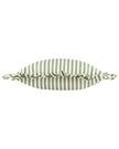 Olive green striped outdoor garden seat cushion cover with frilled edges by Riva Home, soft furnishings for garden seating.