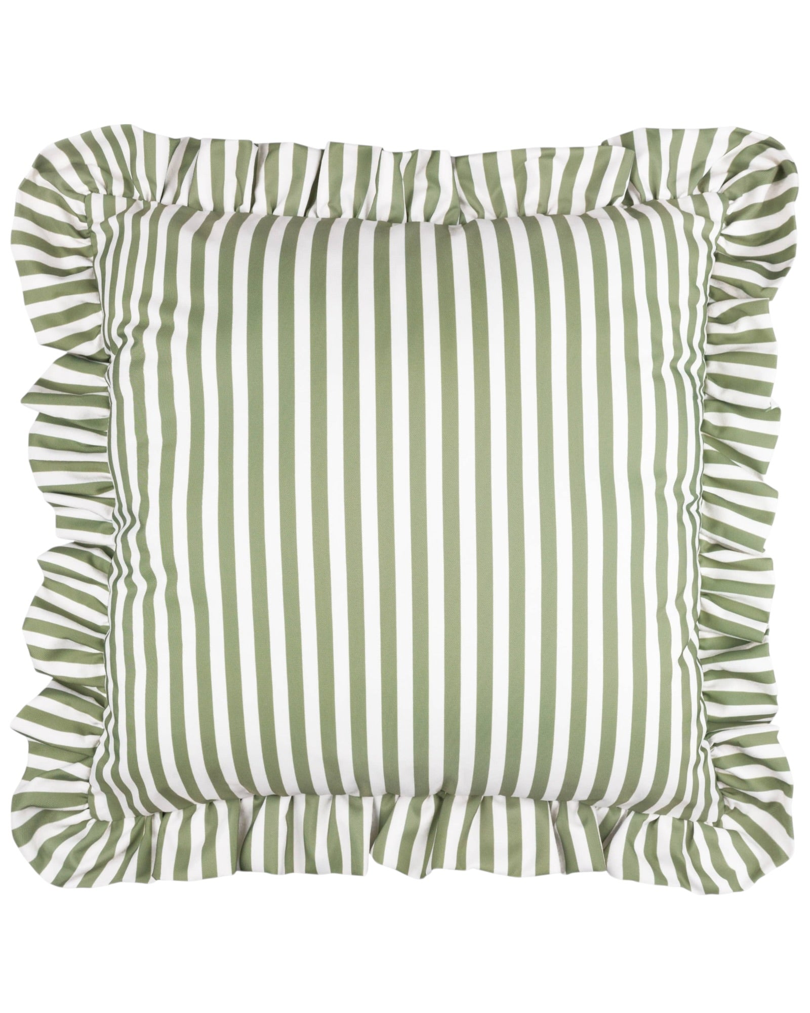 Olive green striped outdoor garden seat scatter cushion cover with frilled edges, by Riva Home, for soft furnishings.