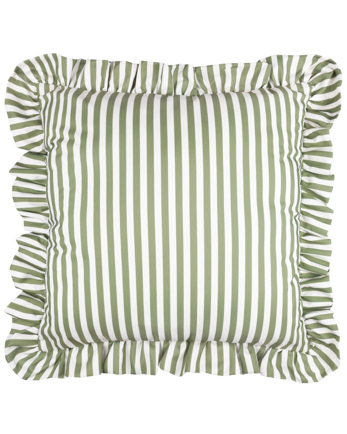 Olive green striped outdoor garden seat scatter cushion cover with frilled edges, by Riva Home, for soft furnishings.