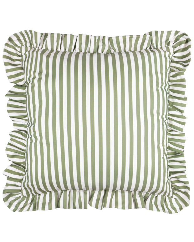 Olive green striped outdoor garden seat scatter cushion cover with frilled edges, by Riva Home, for soft furnishings.