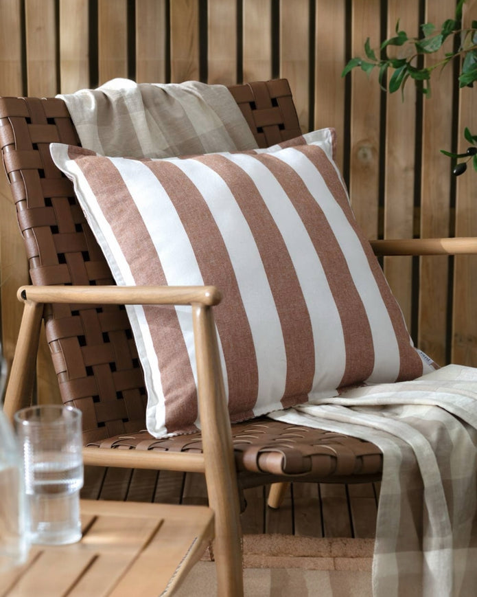 Terracotta striped outdoor garden seat scatter cushion cover by Riva Home, soft furnishings for outdoor seating.