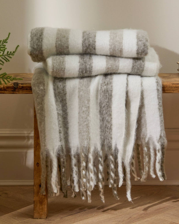 Riva Home beige Beechwood woven stripe throw blanket made of soft furnishings material, displayed folded with woven stripe pattern.
