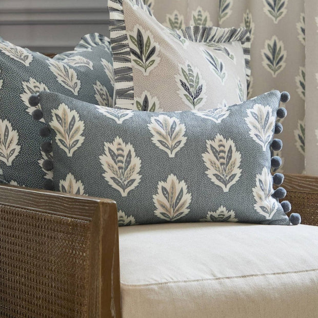 Delph Blue Sessile Leaf printed cushion cover from Riva Home, soft furnishing with vibrant leaf design and textured fabric.