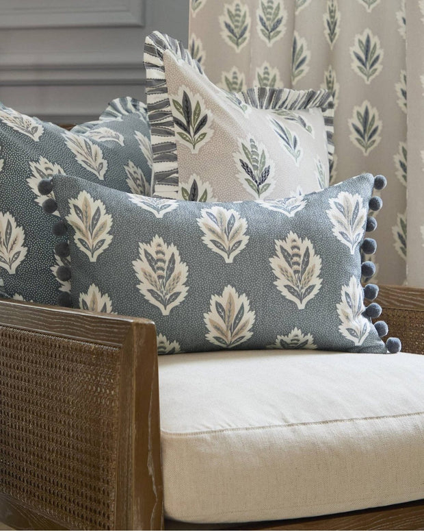 Delph Blue Sessile Leaf printed cushion cover from Riva Home, soft furnishing with vibrant leaf design and textured fabric.