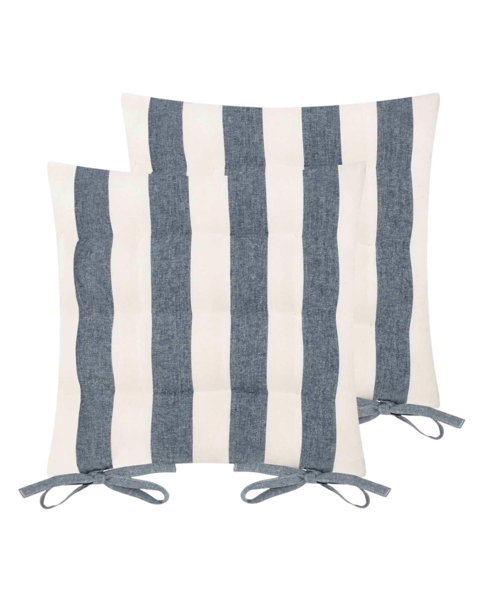 Set of 2 navy blue striped outdoor garden seat pads by Riva Home, soft furnishings for patio or garden seating.