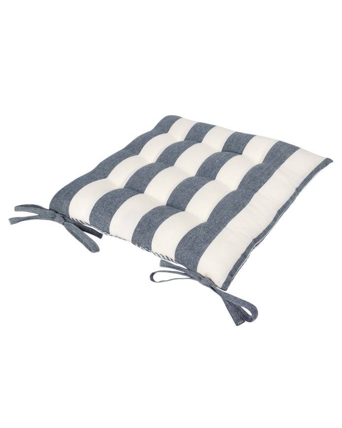 Set of 2 navy blue striped outdoor garden seat pads by Riva Home, soft furnishings for outdoor seating comfort.