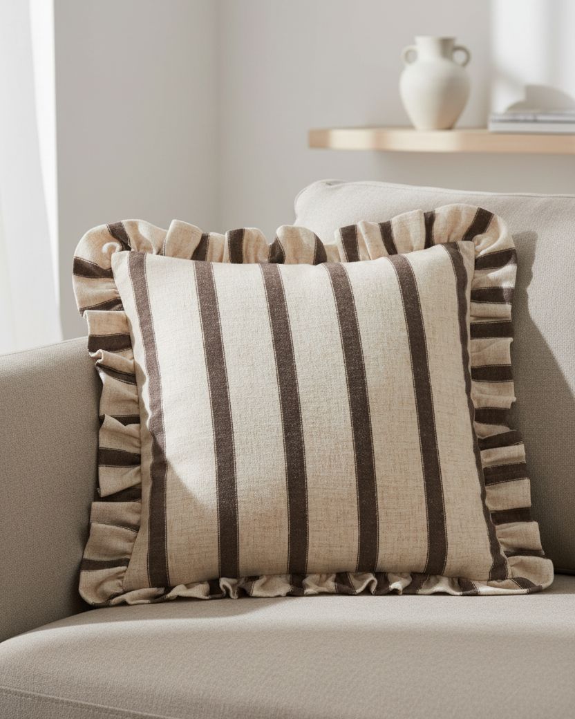 Chocolate brown cushion cover with square stripes and ruffle detail from Riva Home, soft furnishings decor.