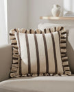 Chocolate brown cushion cover with square stripes and ruffle detail from Riva Home, soft furnishings decor.
