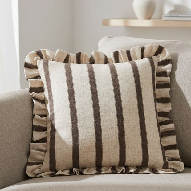 Chocolate brown cushion cover with square stripes and ruffle detail from Riva Home, soft furnishings decor.