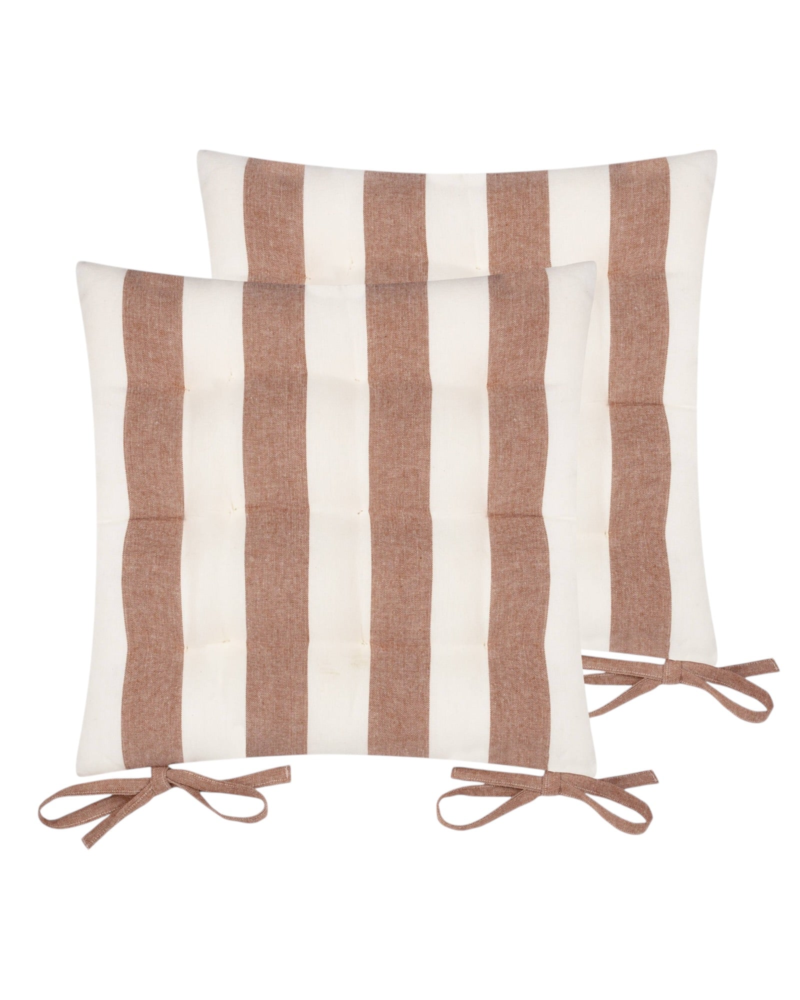 Set of 2 terracotta striped outdoor garden seat pads by Riva Home, soft furnishings for outdoor seating comfort.