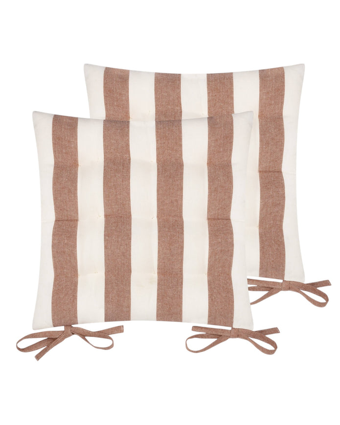 Set of 2 terracotta striped outdoor garden seat pads by Riva Home, soft furnishings for outdoor seating comfort.