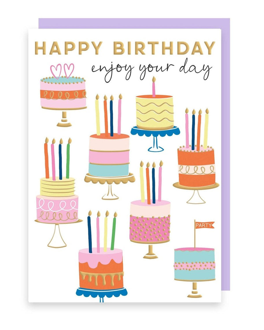 Rosanna Rossi birthday greeting card featuring colorful birthday cakes illustration, perfect for celebrating special occasions.