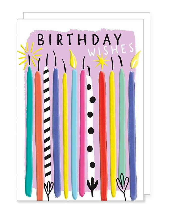 Bright birthday greeting card featuring colorful party candles by Rosanna Rossi, with festive design and cheerful message.