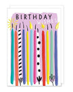 Bright birthday greeting card featuring colorful party candles by Rosanna Rossi, with festive design and cheerful message.