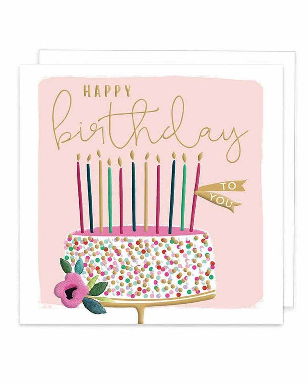 Rosanna Rossi birthday greeting card featuring a colorful cake with lit candles and decorative elements.