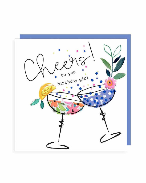 Rosanna Rossi birthday greeting card featuring illustrated cocktail glasses with "Cheers" for celebrating special occasions.