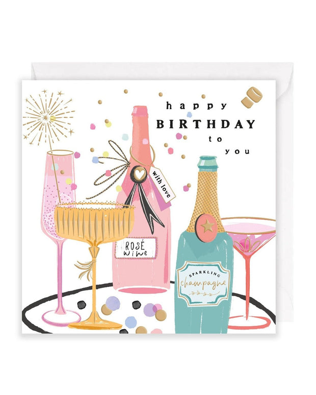Colorful cocktail drinks birthday greeting card by Rosanna Rossi featuring vibrant drink illustrations on a festive background.