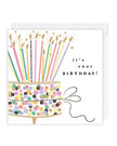 Celebration greeting card featuring a colorful confetti cake with lit candles, by Rosanna Rossi.