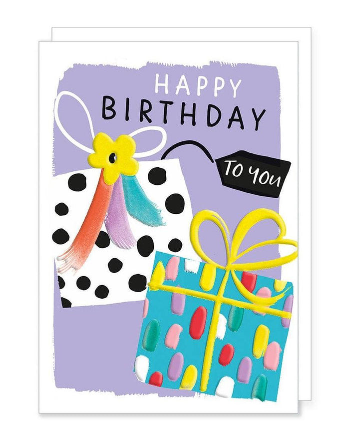 Rosanna Rossi birthday greeting card featuring colorful decorative presents for celebrating special occasions.