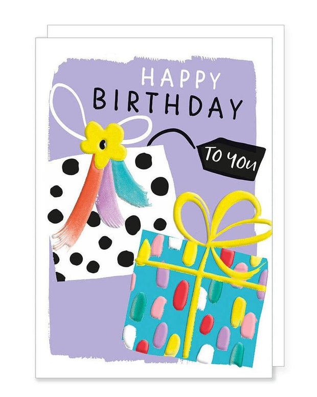 Rosanna Rossi birthday greeting card featuring colorful decorative presents for celebrating special occasions.