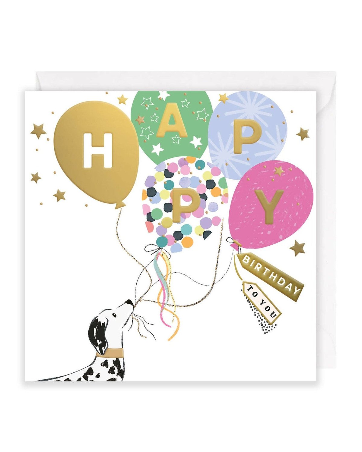 Birthday greeting card featuring a dog with colorful party balloons, by Rosanna Rossi, perfect for celebrating birthdays.