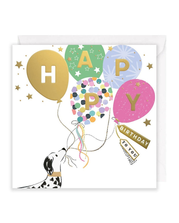 Birthday greeting card featuring a dog with colorful party balloons, by Rosanna Rossi, perfect for celebrating birthdays.