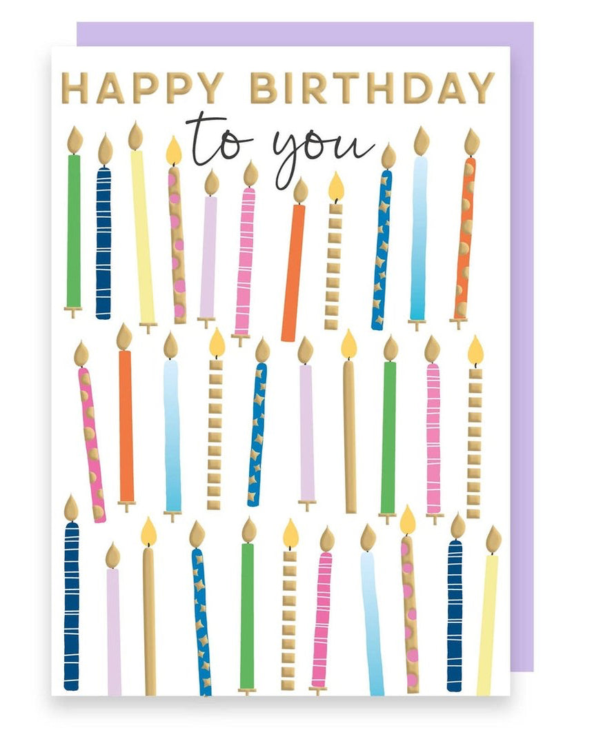 Rosanna Rossi greeting card featuring colorful birthday candles on the front, perfect for celebrating special occasions.