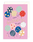 Pink birthday greeting card featuring colorful party balloons by Rosanna Rossi, perfect for celebrating special occasions.