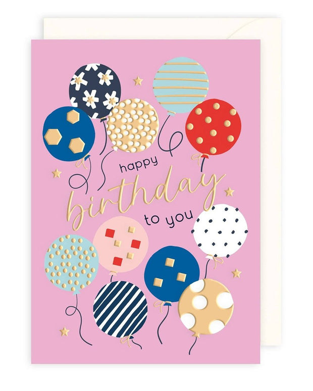 Pink birthday greeting card featuring colorful party balloons by Rosanna Rossi, perfect for celebrating special occasions.